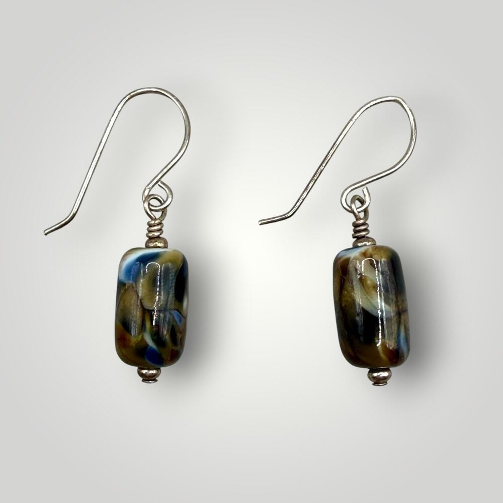 Artisan Lampwork Art Glass Sterling Silver Dangle Earrings Multicolor Swirl